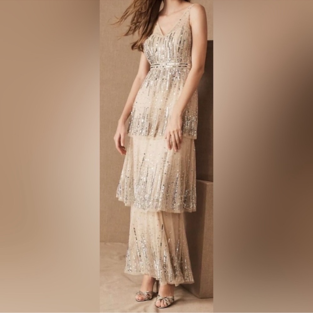 BHLDN Silver and Cream Long Sleeve Dress